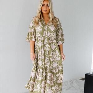 Floral Green and Pink Midi Dress Large